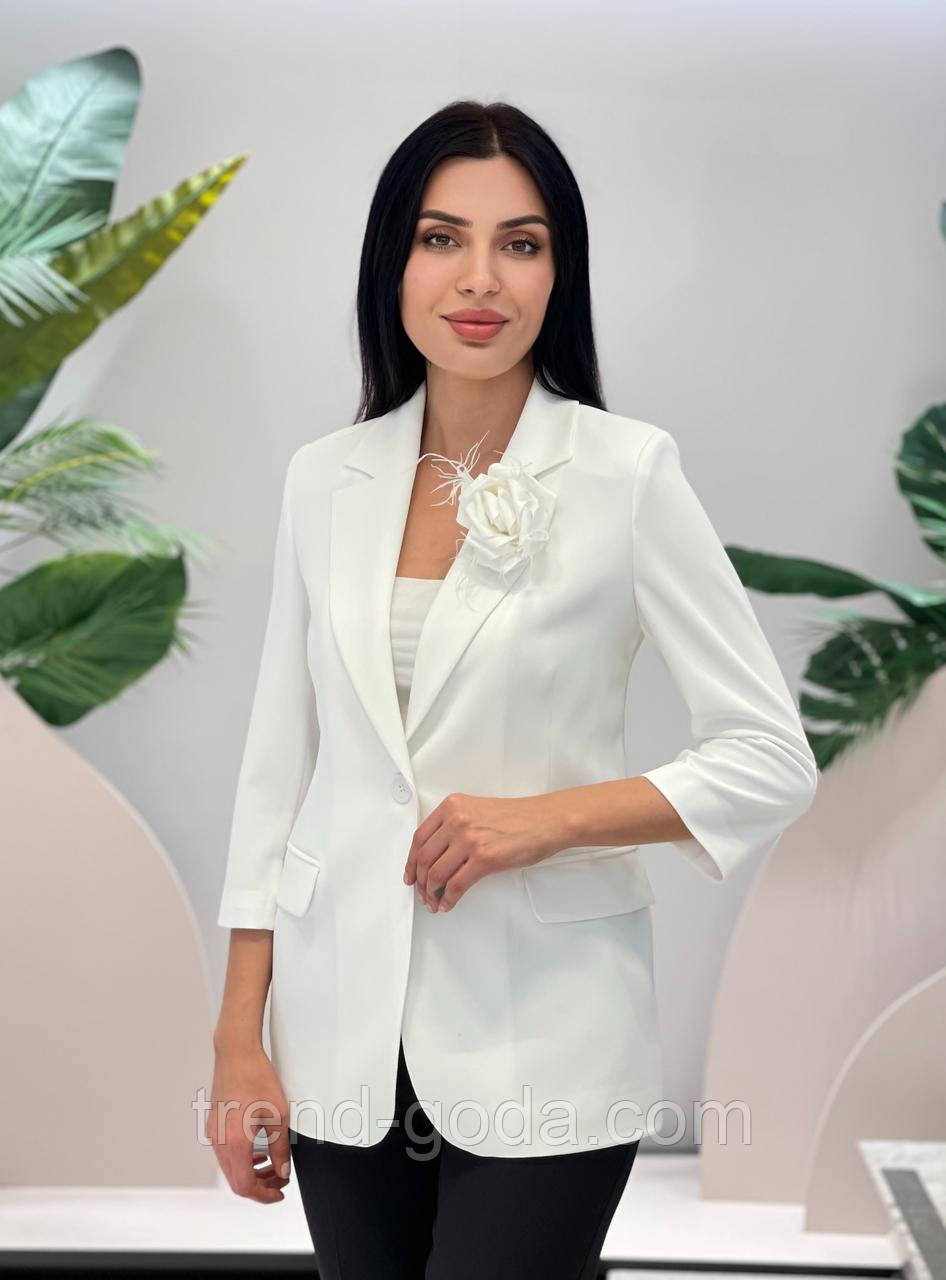 Стильний піджак жіночий нарядний з квіткою Жіночий піджак без підкладу голубого кольору, фото 1