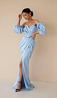 Роскошное атласное платье макси со шлейфом и разрезом от бедра Sms8857