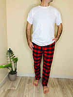 Домашняя пижама для мужчин COSY из фланели (штаны+футболка белая) красно/черные Im_1150