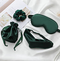 Шовковий набір для сну 4в1 маска для сну, гумка для волосся, пов'язка на голову та мішечок для зберігання Green