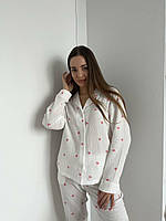 Муслиновая женская пижама COSY брюки+рубашка, Сердца розовые на белом Im_1390