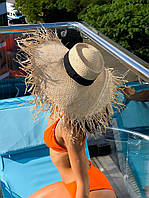 Большая соломенная шляпа женская пляжная соломенная панама с черной лентой Salex Великий соломʼяний капелюх