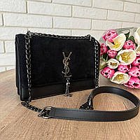 Женская замшевая мини сумочка клатч на плечо YSL, сумка натуральный замш черная Im_999