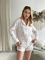 Тор! Муслиновая женская пижама COSY розовые сердца на белом шорты + рубашка.