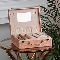 Lugi Шкатулка органайзер для украшений бижутерии прямоугольная с зеркальцем чемодан из экокожи Розовая