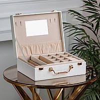 Lugi Шкатулка органайзер для украшений бижутерии прямоугольная с зеркальцем чемодан из экокожи Белая
