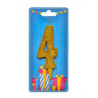 Свічка для торта "Цифра 4" Party 8008-0005 золото блиск, World-of-Toys