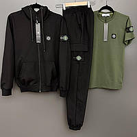 Костюм стон айленд спортивный комплект мужская кофта и брюки с футболкой хаки Salex Костюм стон айленд