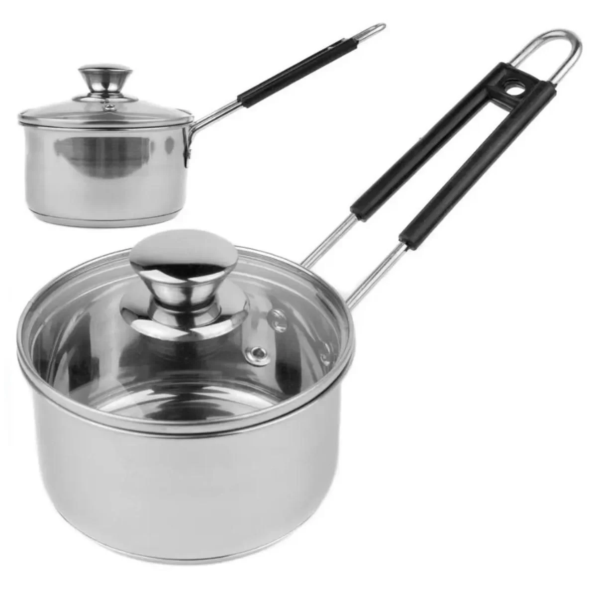 Ківш із кришкою скло 14 см  0.5 л з нержавіючої сталі з ручкою Helios 0498-A, фото 1