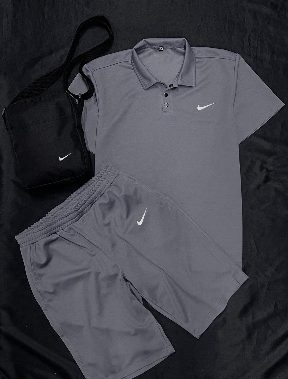 Комплект поло сіре Nike + сірі шорти + барсетка