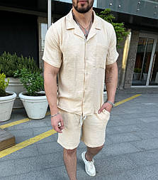 Чоловічий літній костюм комплектом сорочка та шорти легкий бежевий Туреччина. Живе фото