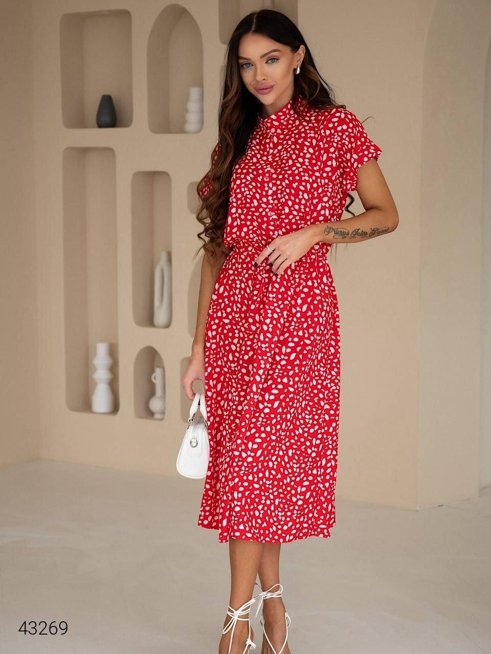 Летнее платье миди красного цвета с коротким рукавом. Модель 43269 - фото 1 - id-p2207386141