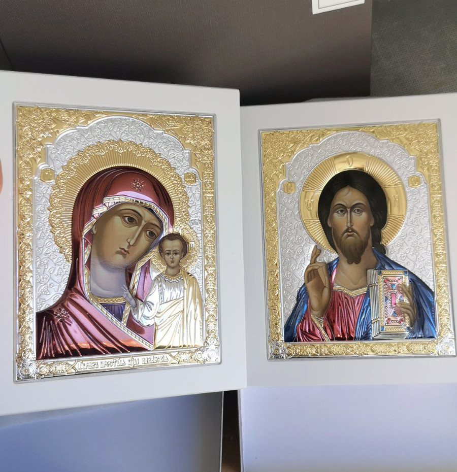 Ікони срібні для дому Спаситель і Богородиця 22х27см (пряма, білий кіот), фото 1