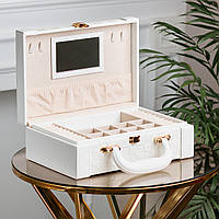 Шкатулка органайзер для украшений бижутерии прямоугольная 27 х 18.5 х 9 с зеркальцем чемодан из экокожи Белая