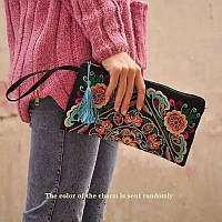 Квадратный кошелек в стиле ретро, тканевый клатч для телефона в этническом стиле, сумка с цветочной вышивкой