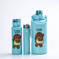 Многоразовая бутылка для воды набор 3 в 1 Панда с поилкой и ручкой 0.3 (л) 0.7 (л) 2 (л) Мятный SvitSmart