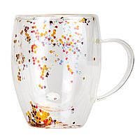 Скляний стакан із подвійними стінками та ручкою "Блискітки" 300 мл (термо) 4 дизайни