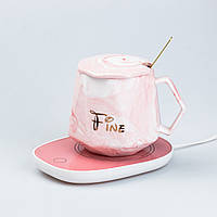 Чашка керамическая с крышкой 400 мл с подставкой для подогрева Розовая SvitSmart