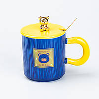 Чашка с крышкой и ложкой 300 мл керамическая "Медвежонок" Синяя SvitSmart