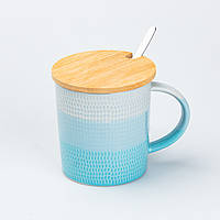 Чашка с бамбуковой крышкой и ложкой керамическая 350 мл Голубая SvitSmart