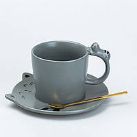 Чашка с блюдцем и ложкой керамическая 250 мл "Котик" Серая SvitSmart