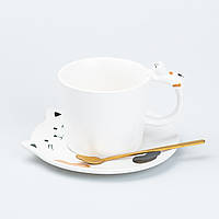 Чашка с блюдцем и ложкой керамическая 250 мл "Котик" Белая SvitSmart