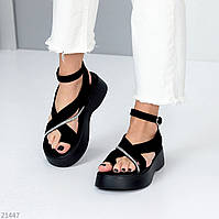 Женские черные еко замшевые босоножки через палец, сандали трендовый дизайн 38