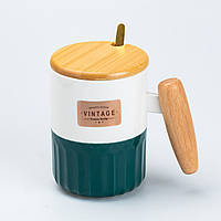 Чашка керамическая с бамбуковой крышкой и ручкой 400 мл Зеленая SvitSmart