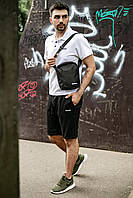 Мужской комплект Reebok на лето: черные шорты, белая футболка поло + Барсетка в подарок
