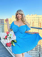 Женское голубое платье с завязкой на груди в горох больших размеров 42-64