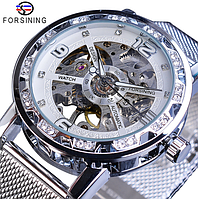 Жіночий наручний годинник з відкритим механізмом механічний Forsining скелетон срібний Salex