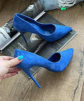 Туфли женские классические лодочки на шпильке синие экозамша