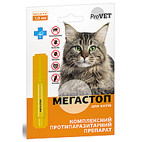 Краплі на холку для котів ProVET Мега Стоп від 4 до 8 кг, 1 піпетка (від зовнішніх та внутрішніх паразитів) g