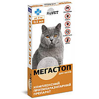Капли на холку для кошек ProVET Мега Стоп до 4 кг, 4 пипетки (от внешних и внутренних паразитов) g