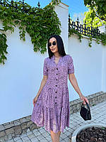 Просторное летнее платье-рубашка свободного кроя с оборкой по подолу и воротничком стойкой, норма и батал большие размеры