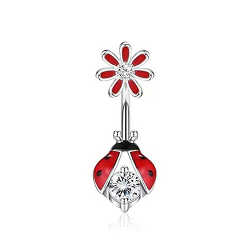 Сережка для пірсингу пупка Божа Корівка з квіткою Liresmina Jewelry нержавіюча сталь білий фіаніт 2.5 см
