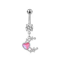 Серьга для пирсинга пупка Луна с розовым сердечком Liresmina Jewelry нержавеющая сталь белый фианит 4 см