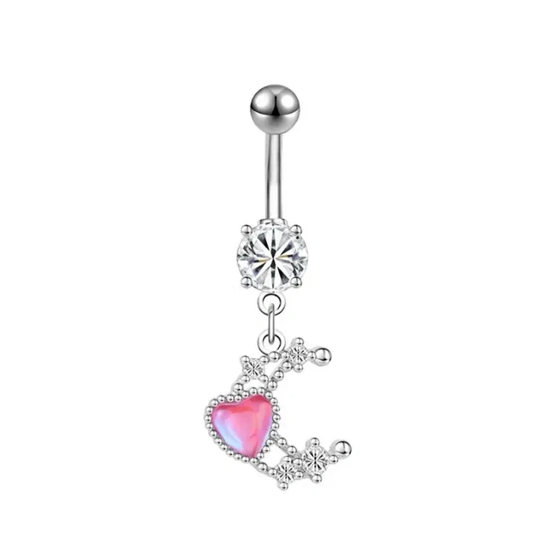 Сережка для пірсингу пупка Місяць з рожевим сердечком Liresmina Jewelry нержавіюча сталь білий фіаніт 4 см