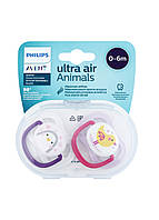 Силиконовая пустышка для девочек Philips Avent ultra air scf080 06 animal 0-6 мес 2 шт (87101 GR, код: 7750750