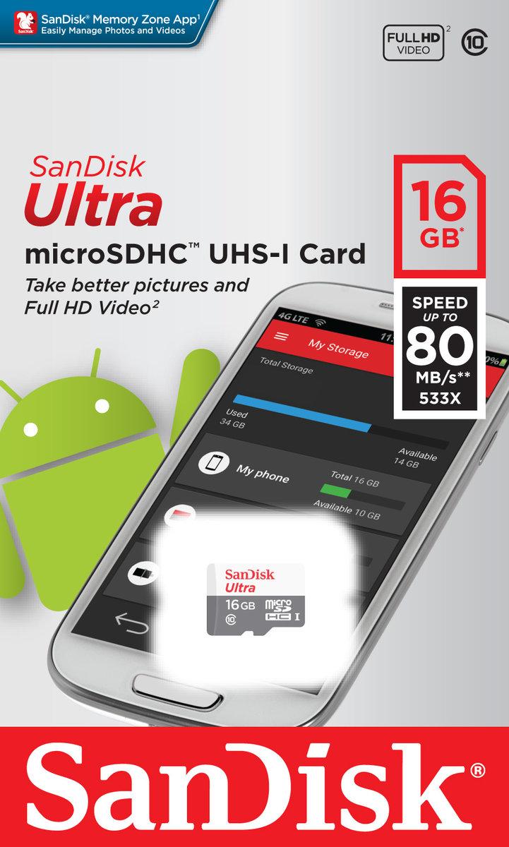 MicroSDHC (UHS-1) SanDisk Ultra 16Gb class 10 (80Mb/s) - фото 2 - id-p2049501742