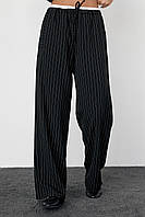 Женские брюки в полоску с резинкой на талии - черный цвет, Костюмная ткань, прямой, полоска, Турция