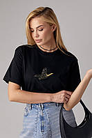 Трикотажная футболка украшена птицей из страз - черный цвет, S (есть размеры)