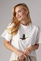Трикотажна футболка прикрашена птицею зі стразів — молочний колір, L (є розміри) M