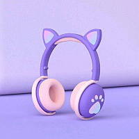 Наушники с кошачьими ушками и микрофоном накладные CAT беспроводные светящиеся наушники лапки для телефона пк