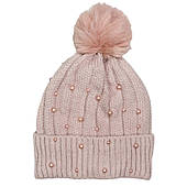 В'язана зимова шапка з помпоном і перлами пудрово-рожева Cz36Wz1