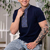 Мужская вышиванка футболка с вышивкой с коротким рукавом синяя модная мужская украинская вышиванка