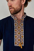 Мужская вышиванка футболка с вышивкой с коротким рукавом синяя с желтым модная мужская украинская вышиванка