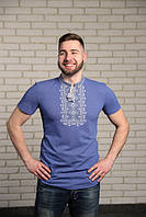 Мужская вышиванка футболка с вышивкой с коротким рукавом синяя джинс модная мужская украинская вышиванка