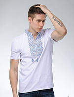 Мужская вышиванка футболка с вышивкой с коротким рукавом белая с голубым модная мужская украинская вышиванка