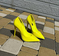 Туфли женские лаковые классические лодочки на шпильке желтые экокожа 37